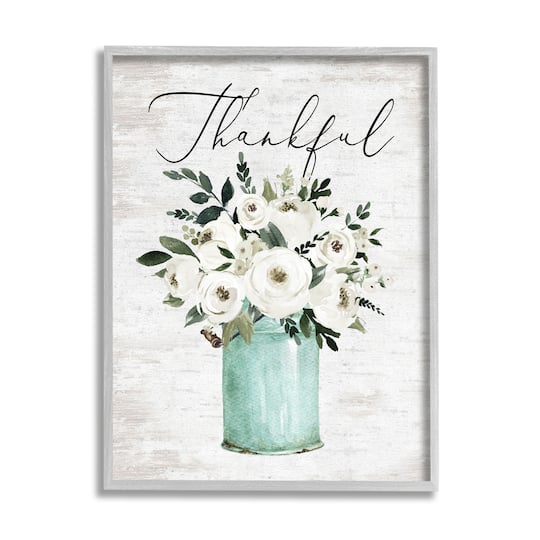 Stupell Industries Thankful Phrase White Ranunculus Floral Bouquet Milk Tin Framed Wall Art